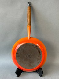 Vintage Le Creuset Enameled Cast Iron Flame Orange '26' Teck Wooden Handle Pan