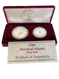 1986 Marshall Islands .999 Fine Silver Proof 2-coin Set: 1- (1 Troy Oz Dollar), 1-(1/2 Troy Oz Dollar)