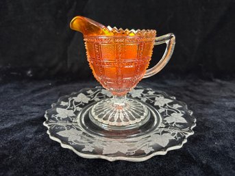Vintage  Marigold Square Pattern Glass Creamer & Heisey Glass Ivy Plate