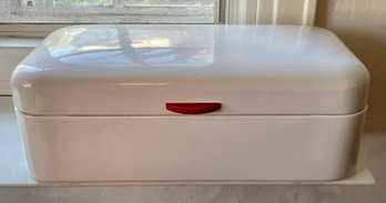 Vintage White Enamel Bread Box With Red Bakelite Handle - 1930's