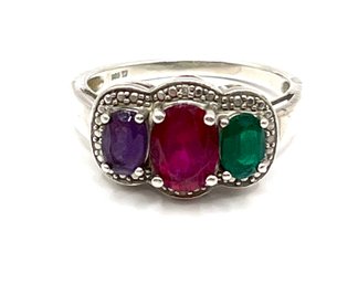 Vintage Sterling Silver Three Color Stones Ring, Size 7.75