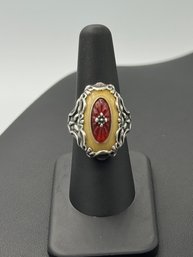 Carolyn Pollack Relios Yellow Mother Of Pearl & Red Coral Sterling Silver Ring