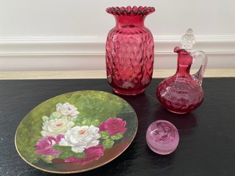 2 Pcs. Red Fenton?  Glass And Plate From Italia