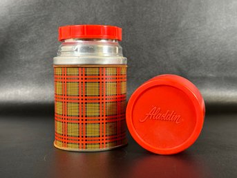 A Nostalgic Vintage Wide Mouth Vacuum Bottle By Aladdin With Glass Liner & Plaid Exterior