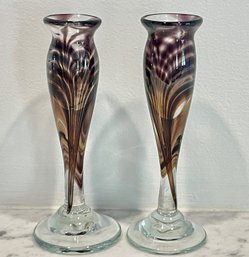 Pair Of Studio Glass Feathered Candle Holders.