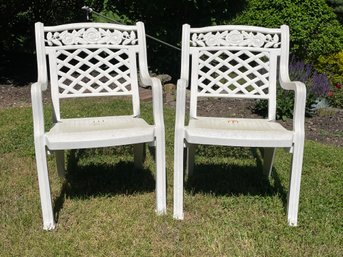 Pair Of Vintage Stackable Patio Chairs With  Rose & Lattice Details