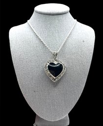 Beautiful Vintage Sterling Silver Onyx And Marcasite Reversible Pendant On Italian Sterling Silver Chain