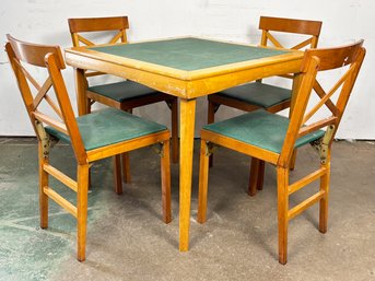 A Vintage Leg-O-Matic Folding Card Table And Set Of 4 Chairs In Maple And Original Vinyl!