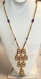 GORGEOUS GOLD TONE AMETHYST GLASS & RHINESTONE DANGLE NECKLACE