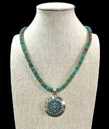 Vintage Sterling Silver Needle Point Turquoise Pendant On Turquoise Beaded Necklace