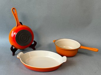 Vintage Le Creuset Enameled Cast Iron Flame Orange Casserole Dish & Handled Pots