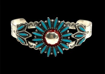 Amazing Vintage Native American Sterling Silver Needle Point Turquoise Etched Cuff Bracelet