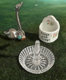 3 Ring Holders: 4' Silver Tone Swan, Ceramic ' Rings And Things', Crystal 3'  Rings Not Included Lot # 2