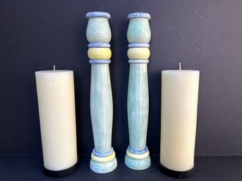 NEW - Hand Painted Candlesticks And Pillar Candles With Base