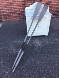 Pair One Of Two - Fantastic Antique Large Gray / Green Oars With Brass / Leather Trim - Super Nice Pair !