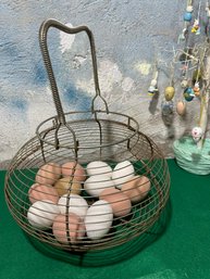 1900s Farmhouse Egg Gathering Basket & 13 Faux Brown & White Eggs