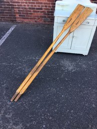 Pair Two Of Two - Pair Of Natural Wood Wood Oars - Great Wear And Patina - Both Marked PERRINS - Great Pair !