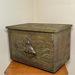 Antique 1920s Embossed Brass Coal & Wood Box With Ship Design