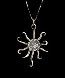 Extraordinary Vintage Sterling Silver Sun Pendant On Italian Sterling Chain