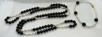 Luxury Vintage FORTUNOFF 14K Gold, Freshwater Pearl And Onyx Necklace And Bracelet Set