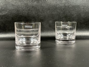 A Pair Of Double-Old Fashioned Glasses With Thumb Slots By Shannon/Godinger Crystal, New/Old Stock With Labels