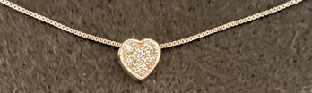 Vintage 925 Sterling Silver Necklace - Heart Pendant With Faux Diamonds - 16 Inch Long Box Link Chain
