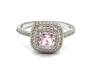 Beautiful Sterling Silver Light Pink And Clear Stones Ring, Size 9.5