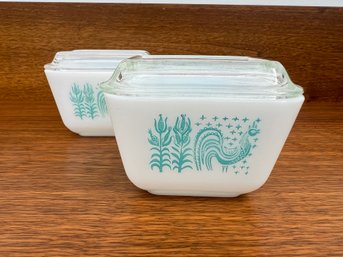 Lot Of Two - Vintage Pyrex Turquoise Butterprint Frigerator Dish With Lid 1 1/2 Cup Small Refrigerator Jar Ami