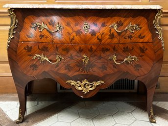 A Vintage Italian Marquetry Bombe Form Chest With Marble Top And Ormolu Trim