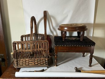 TWO ANTIQUE STOOLS AND A LOG BASKET