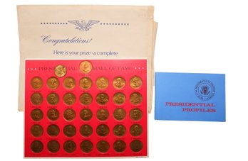 Solid Bronze Collection Set Of Franklin Mint Presidential Coins With Presidential Profiles Book