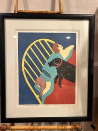 Stephen Huneck 'Hogging The Bed' 1997 Signed Woodblock Print 28/500