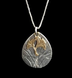 Vintage Two Tone Engraved Sterling Silver Pendant On Italian Sterling Chain