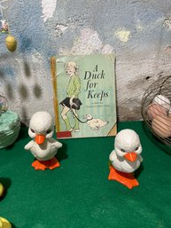 1962 -1970s White Duckling Ceramic Decor Pair & Duck Book