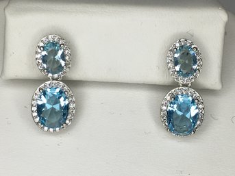 Fantastic 925 / Sterling Silver Earrings With Light Blue Topaz And Sparkling White Zircons - Amazing Gift !