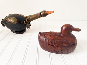 Duck Box, Hand Carved Wood & Italian Leather Decanter