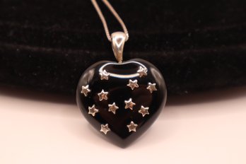 Sterling Stars On Black (Onyx?) Heart Pendant With Sterling Italy Chain