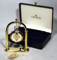 Croton Gold Tone Watch Holder, Pocket Watch, Chain And Original Box