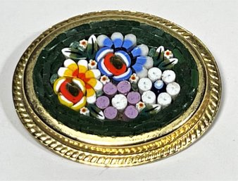 Vintage Italian Micro Mosaic Brooch Having Flowers Gold Plated