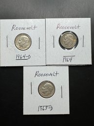 3 Roosevelt Silver Dimes 1963, 1964, 1964-D