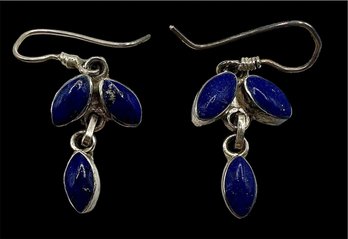 Vintage 950 Silver Dangle Bee Earrings With 3 Lapis Stone Oval Accents