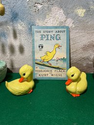 1970s1933 Duckling Chicks Ceramic Pair & Ping Book