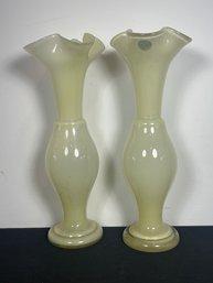 A PAIR OF 13.5' CREAM COLORED CASE GLASS VASES
