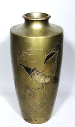 Fine Tall Antique Japanese Signed Bronze Vase Depicting An Eagle