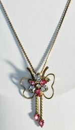 VINTAGE SIGNED STAR-ART 12K GOLD-FILLED PINK AND WHITE RHINESTONE DANGLE NECKLACE
