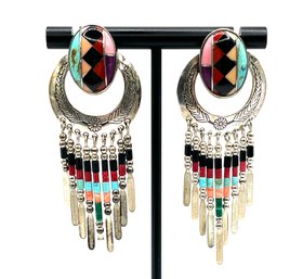 Amazing QT Designer Native American Sterling Silver Multicolor Dangle Earrings