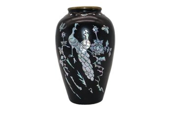 Black Lacquered Vase Brass Inlaid With Mother Of Pearl