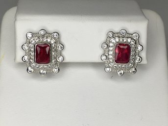 Lovely Sterling Silver / 925 Earrings With Garnet And White Zircons - Brand New - Never Worn - Nice Gift !