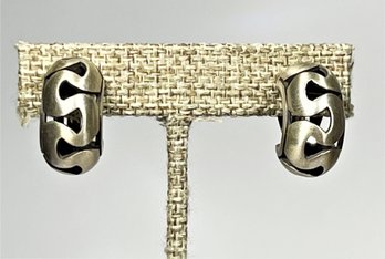 Designer Silver Tone Half Hoop Modernist Clip Earrings