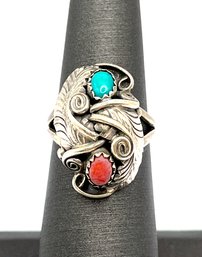 Vintage Native American Sterling Silver Turquoise And Coral Ring, Size 5